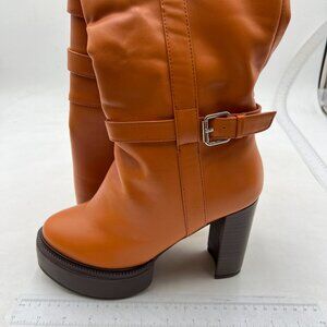 Women Platform Chunky Block High Heel Round Toe Over The Knee Boots Orange Boots